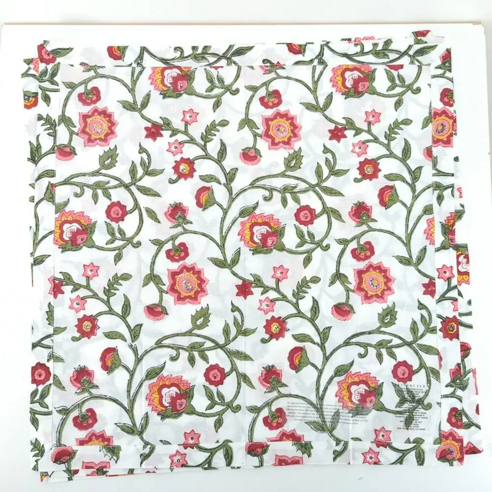 Pottery Barn Block Print Cotton Napkins White Pink Floral Linen 20 x 20 Set FLAW